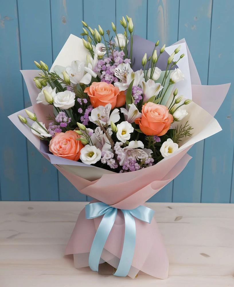 Букет цветов из: Лизиантусы, Розы, Альстромерии и Гипсофила в Яковлево